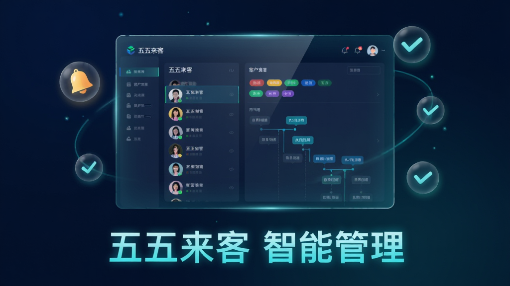 主体为一块悬浮的全息投影屏幕,屏幕中展示五五来客的客户管理界面,包含客户头像列表、彩色标签与跟进时间轴;布局为屏幕居中,周围环绕着铃铛提醒图标与勾选标记;排版上屏幕下方用发光字体写着“五五来客 智能管理”;风格为未来科技感UI插画,主色调为深空蓝与青绿色;细节上屏幕有轻微透明玻璃质感,图标带有柔光效果,背景为深色渐变;画质为高清,画面干净,无多余元素。