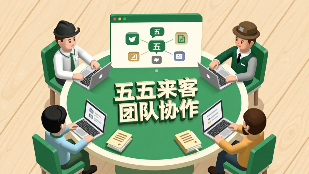 主体为四个不同职业角色的小人围坐在一张圆形会议桌旁,桌面上方悬浮着五五来客的团队协作界面;布局为俯视视角,人物围绕桌子均匀分布;排版上桌子中央用立体字写着“五五来客 团队协作”;风格为等距视角扁平插画,主色调为绿色与米白色;细节上每个人物面前有笔记本电脑与文件图标,背景为浅色木质纹理;画质为超清,画面干净,无多余元素。