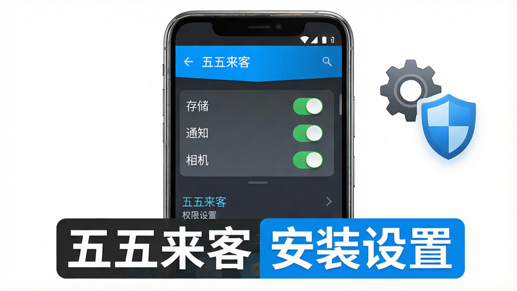主体为一部安卓手机屏幕特写,屏幕显示五五来客的权限设置界面,界面中有存储、通知、相机等权限开关;布局为手机居中,右侧漂浮着齿轮与盾牌图标;排版上手机下方用醒目标签写着“五五来客 安装设置”;风格为写实UI风格,主色调为深灰与亮蓝;细节上手机边框有金属反光,开关按钮有绿色高亮,背景为纯白;画质为高清,画面干净,无多余元素。