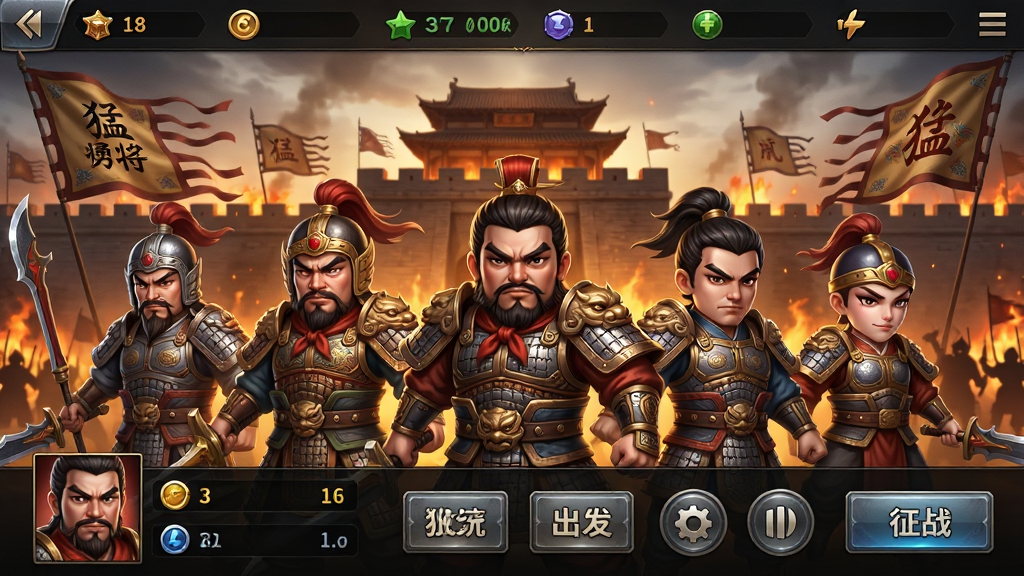 猛将勇士游戏主界面全景预览图,画面中央展示五位三国名将列阵而立,背景为燃烧的古城墙与飘扬的战旗,主体为游戏UI界面包含武将头像、资源栏与征战按钮,布局采用上下分层结构上方为资源信息下方为功能入口,排版整齐对称,风格为写实国风与Q版相结合,细节包括武将铠甲纹理、战旗刺绣图案、界面按钮金属质感,画质高清干净无多余元素,图片中文字内容为“猛将勇士”