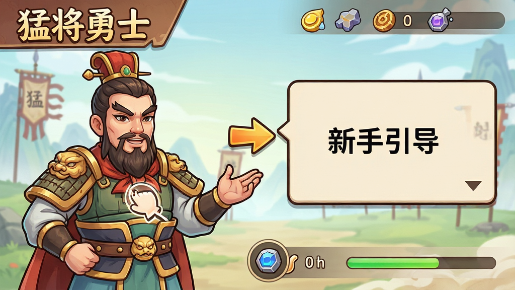 猛将勇士新手引导界面截图,画面主体为一位军师形象NPC正在讲解操作要点,布局为左侧人物右侧对话气泡与箭头指引,排版清晰,风格为卡通国风教学界面,细节包括手指点击图标、资源标注与进度条,画质高清干净无多余元素,图片中文字内容为“猛将勇士”与“新手引导”