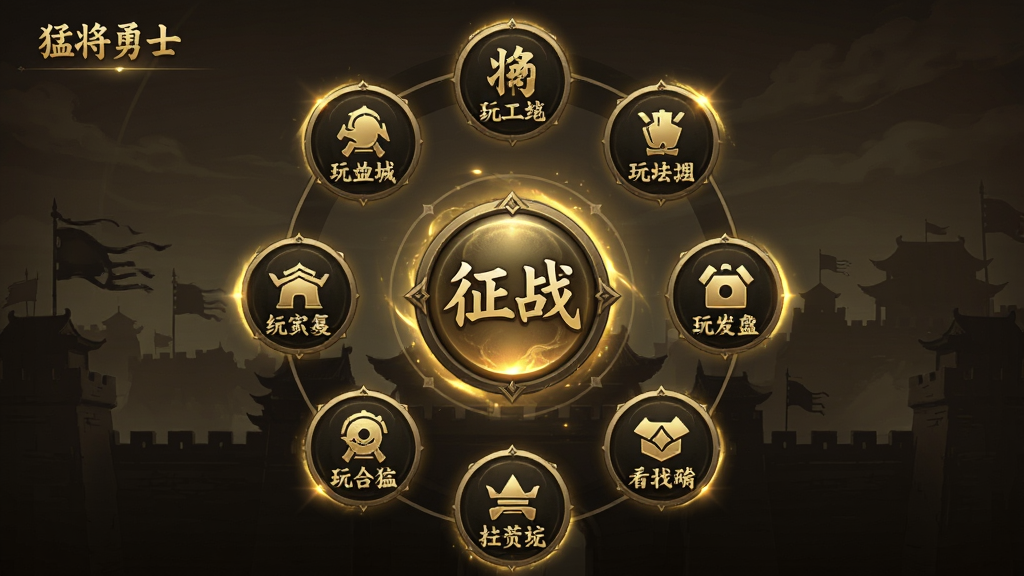 猛将勇士玩法模式选择界面图,画面主体为圆形图标排列的功能入口,布局为环形放射状排列,排版围绕中心“征战”按钮展开,风格为暗金质感国风UI,细节包括每个图标上的小字标注、光效点缀与背景城池剪影,画质高清干净无多余元素,图片中文字内容为“猛将勇士”与各玩法名称