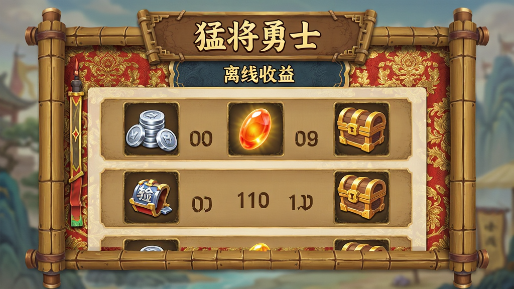 猛将勇士离线收益领取界面图,画面主体为卷轴式弹窗,布局为上方标题下方奖励列表,排版纵向排列,风格为古风竹简与锦缎结合,细节包括银币堆、经验丹、装备箱等图标与数量标注,画质高清干净无多余元素,图片中文字内容为“猛将勇士”与“离线收益”