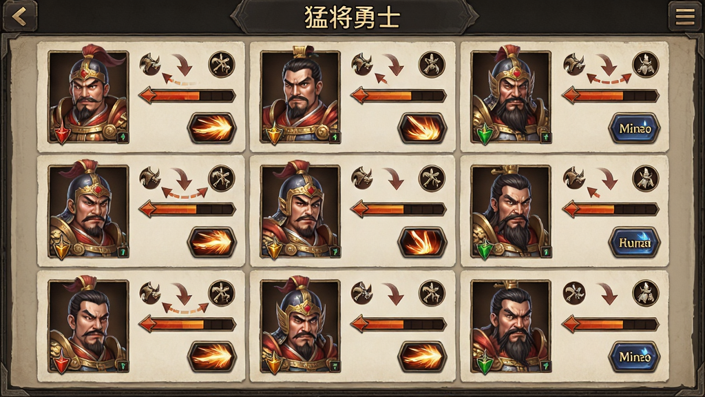 猛将勇士战斗布阵界面示意图,画面主体为九宫格战场,布局为三行三列方格,每格内放置一名武将头像,排版规整,风格为策略游戏战术面板风格,细节包括兵种图标、克制箭头标识、怒气条与技能按钮,画质清晰干净无多余元素,图片中文字内容为“猛将勇士”