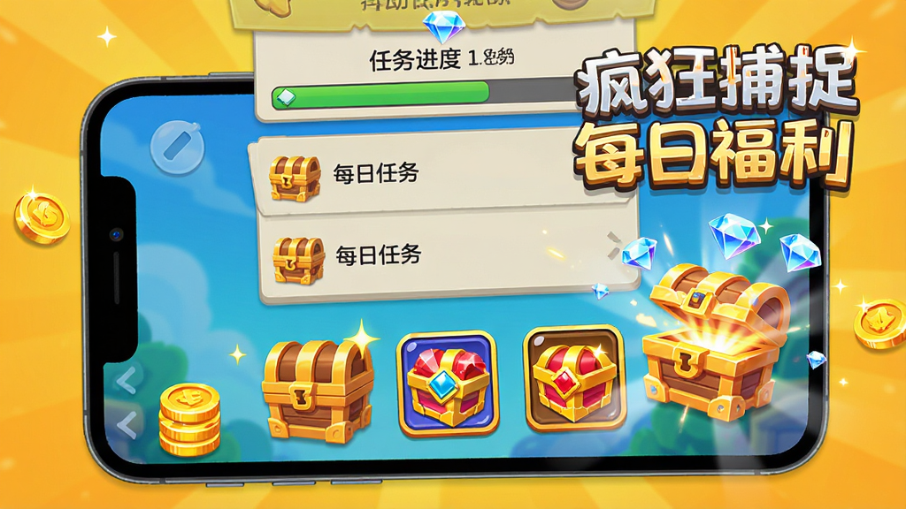 游戏活动界面宣传图,主体为手机屏幕内展示每日任务列表与奖励宝箱,布局为上下结构上方任务进度下方奖励图标,风格为明亮活泼的游戏UI设计,细节包括金币堆叠、钻石闪光、宝箱开启特效,画质高清干净,图中出现文字“疯狂捕捉 每日福利”
