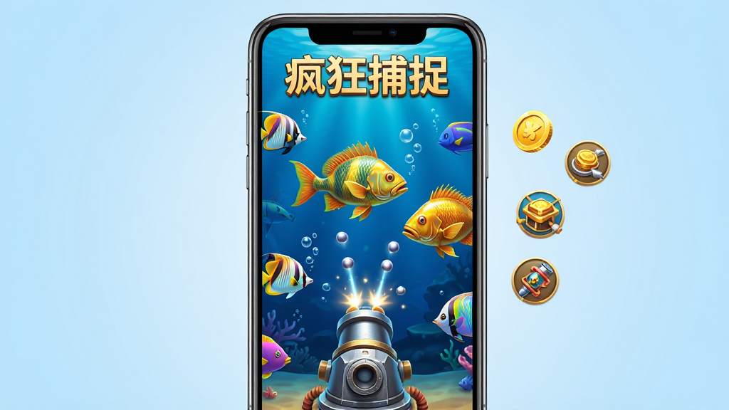 画面中央是一部智能手机竖屏展示捕鱼游戏场景,屏幕内蓝色深海背景中有多条彩色热带鱼和金色大鱼游动,底部有炮台发射光弹,画面右侧悬浮金币与道具图标,整体布局为手机正面居中展示,背景为干净的浅蓝色渐变,风格为写实3D游戏宣传图,细节包括鱼鳞光泽、水泡粒子、炮台金属质感,画质高清干净无多余元素,图中出现文字“疯狂捕捉”