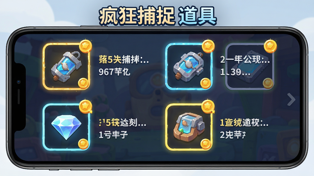 游戏道具属性展示图,主体为手机屏幕内排列六种道具图标和说明文字,布局为两列三行网格,风格为扁平化游戏UI设计,细节包括道具发光边框、金币钻石图标点缀,画质高清干净,图中出现文字“疯狂捕捉 道具”