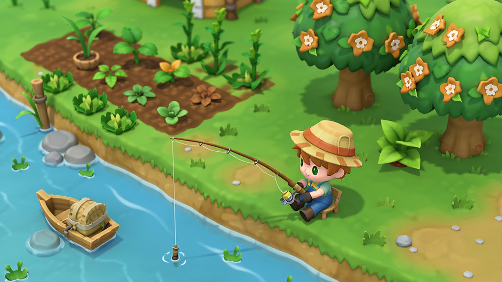奥比岛:梦想国度 休闲玩法 展示 钓鱼 种植 布局 对角线构图 排版 横向 风格 宁静田园 细节 角色在河边钓鱼 旁边有农田和果树 画质 高清 干净 无多余元素