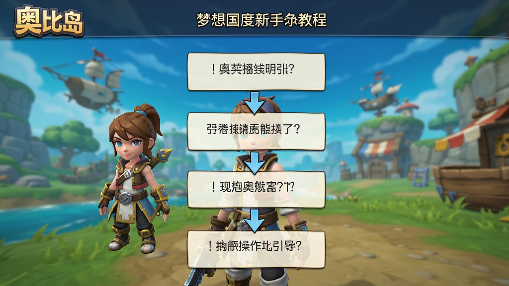 奥比岛:梦想国度 新手教程 界面 展示 引导 操作 布局 居中 排版 纵向 风格 简洁明了 细节 有箭头指引 文字提示框 角色形象 画质 高清 干净 无多余元素