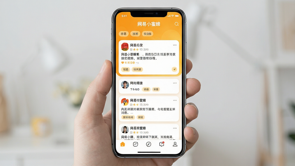一张手机屏幕展示网易小蜜蜂社区应用的主界面,画面中央是明亮温暖的橙黄色调,顶部有“网易小蜜蜂”应用名称,中间是信息流卡片布局,展示用户动态和话题标签,底部有五个导航图标,整体风格清新简约,布局居中对称,细节包括圆角卡片、柔和阴影、清晰的文字标题,画质高清干净,无多余元素