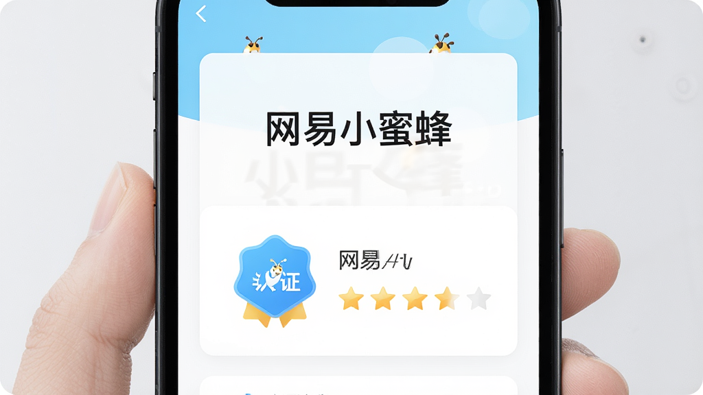 一张手机应用截图风格的图片,展示网易小蜜蜂的认证页面,画面中央有“网易小蜜蜂”字样,下方是认证徽章图标和评分星级,布局简洁垂直排列,风格清爽现代,细节包括蓝色认证标识、金色星星、白色背景卡片,画质高清干净,无多余元素