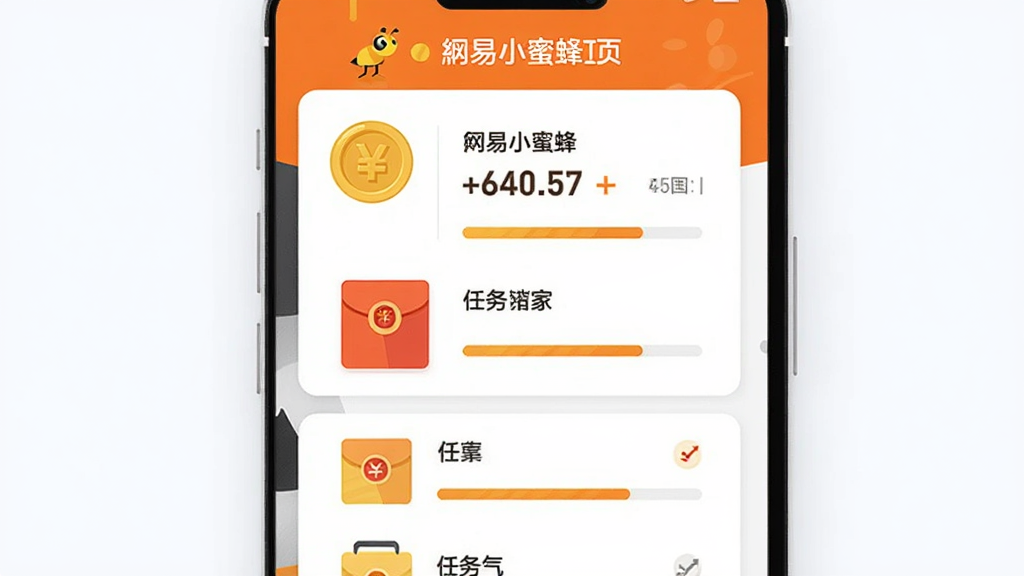 一张扁平化风格的信息图,画面展示手机屏幕中网易小蜜蜂的收益页面,包含金币图标、红包图标和任务列表,布局为垂直卡片式,风格简洁明快,细节包括橙色和黄色主色调、清晰的数字和进度条,画质高清干净,无多余元素