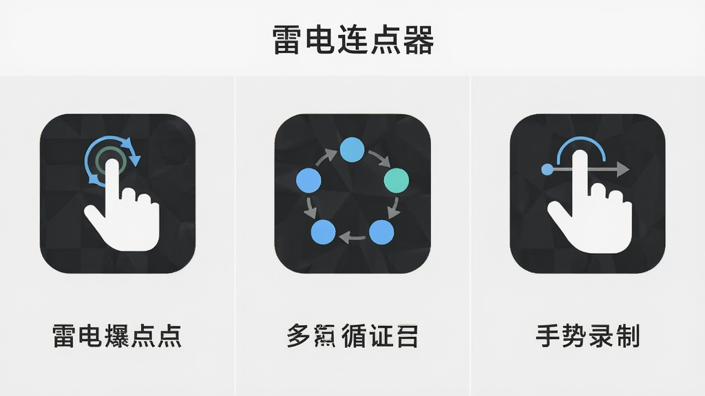 一款名为雷电连点器的安卓应用功能展示图,画面分为三个并列区域,左侧展示单点连点图标,中间展示多点循环图标,右侧展示手势录制图标,每个区域下方配有简洁的说明文字,整体采用扁平化设计风格,背景为浅灰色,画质干净清晰,无多余装饰元素