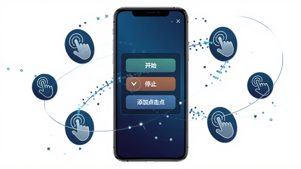 一张展示雷电连点器软件界面的全景图,画面中央是手机屏幕,屏幕上显示雷电连点器的主操作面板,面板上有开始、停止、添加点击点等按钮,背景为深蓝色科技感渐变,手机周围环绕着点击手势图标和连点轨迹线条,风格简洁现代,画质清晰,干净无多余元素