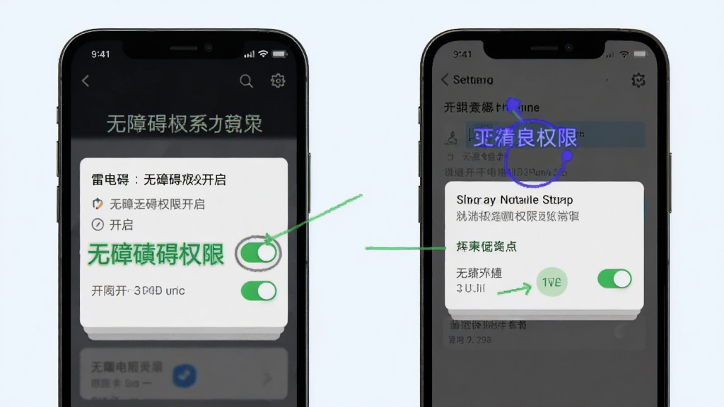 一张展示雷电连点器在手机上运行时的设置界面截图,画面中手机屏幕显示无障碍权限开启页面和悬浮窗权限设置页面,界面清晰,标注了关键权限开关的位置,背景为浅色,风格简洁明了,画质干净,无多余元素