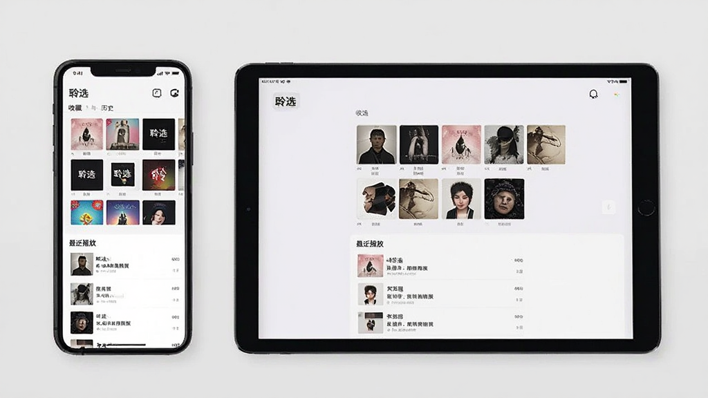 一部手机屏幕显示“聆选”的收藏与历史页面,页面分为上下两栏,上栏是收藏的专辑封面网格,下栏是最近播放列表。手机旁边有一台平板电脑,屏幕上显示相同的账号内容,暗示云端同步。背景简洁,风格统一,画质清晰,无多余元素。