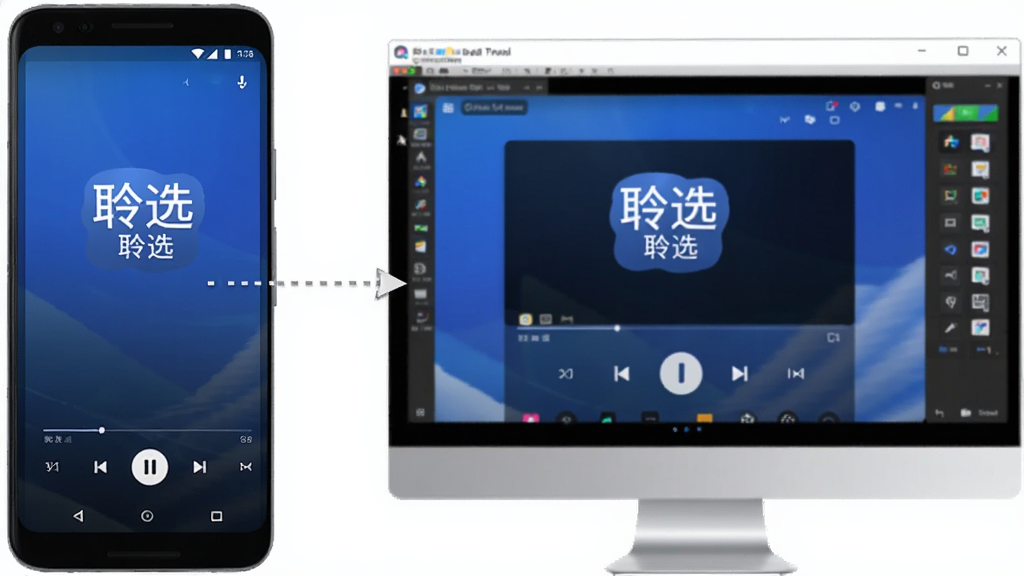 一张展示安卓手机和电脑模拟器同时运行“聆选”的对比图,左侧是竖屏手机显示播放界面,右侧是电脑屏幕上的模拟器窗口显示同样的播放界面。画面中间用虚线箭头连接,表示数据同步。整体风格简洁科技感,蓝白配色,画质清晰,无多余元素。