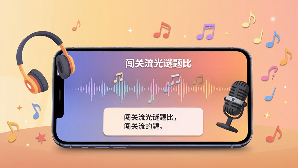 画面展示“闯关流光谜题比”的猜歌关卡界面,一部手机横放在桌面上,屏幕中显示音符波形与歌词提示框,旁边漂浮着耳机、麦克风、音乐符号等元素,背景为柔和的暖色渐变,扁平化插画风格,布局简洁,画质高清,画面干净,无多余元素