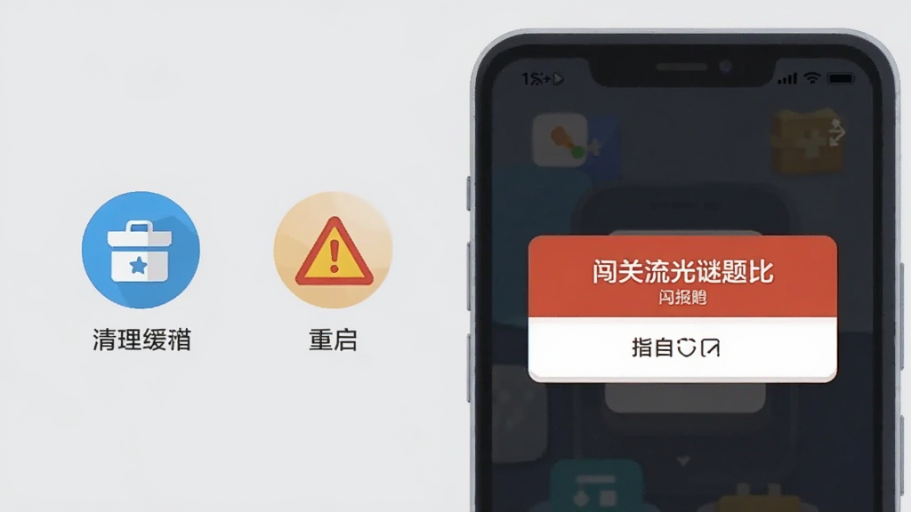 画面展示一部手机屏幕出现“闯关流光谜题比”闪退报错弹窗,旁边有清理缓存图标、重启图标和警告三角标志,背景为浅灰色,扁平化插画风格,布局简洁明了,画质高清,画面干净,无多余元素