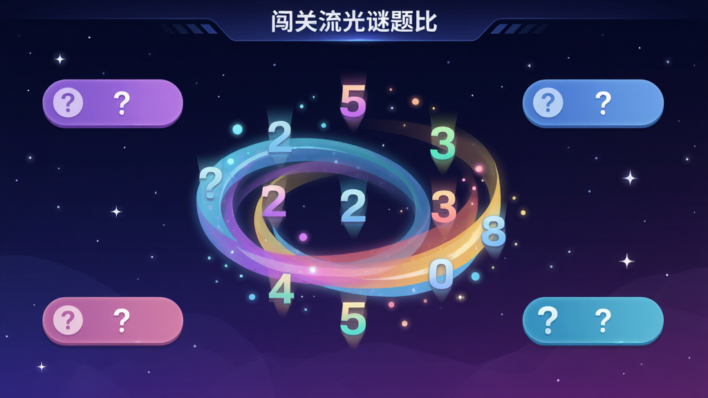 画面主体为“闯关流光谜题比”软件中的一道流光谜题关卡,屏幕中央有旋转的彩色光带与悬浮的数字符号,周围分布着四个答案选项按钮,背景是深邃的星空渐变,风格为扁平化科技插画,细节包括光晕、粒子、问号图标,画质高清,画面干净,无多余元素
