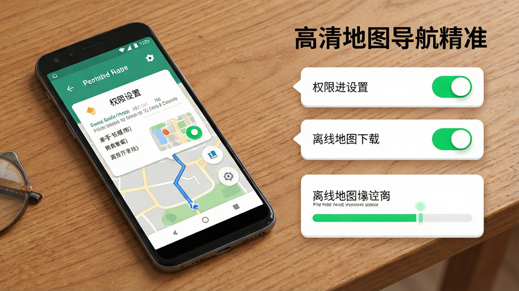 高清地图导航精准的新手操作引导界面,主体为一部安卓手机平放于木质桌面,屏幕内显示权限设置与离线地图下载页面,布局上手机位于画面左侧,右侧以浮窗形式展示操作步骤标签,排版采用清新简约的插画风格,细节上权限开关为绿色高亮、下载进度条清晰可见、桌面纹理细腻,画质为4K超清、干净无多余元素,画面中文字标注为“高清地图导航精准”