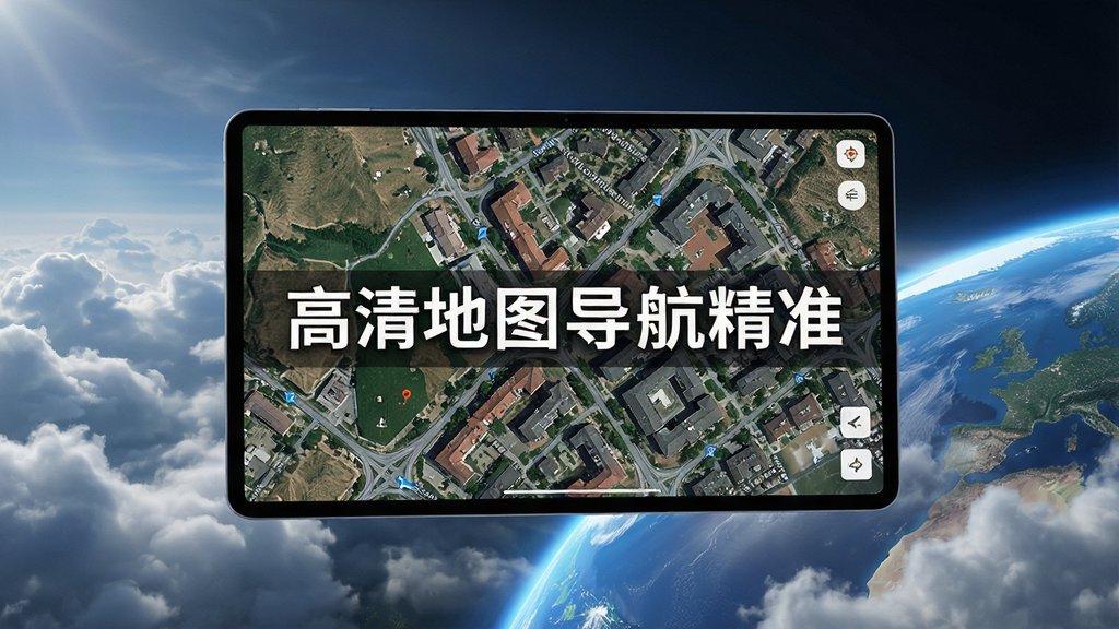 高清地图导航精准的高清卫星图源功能展示,主体为一块横向展开的平板屏幕悬浮于画面中央,屏幕内显示放大的卫星地图细节,布局上屏幕占据画面主体,四周环绕着云层与地球弧线元素,排版采用简洁大气的科技风格,细节上地图纹理锐利、色彩自然、建筑轮廓可辨,画质为8K超高清、干净无多余元素,画面中文字标注为“高清地图导航精准”