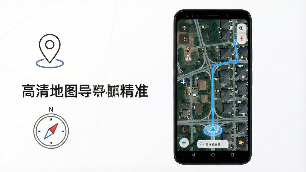 高清地图导航精准软件主界面全貌展示,主体为一部安卓手机竖屏放置于画面中央,屏幕内显示高清卫星地图与导航路线,布局上手机占据画面中心偏右位置,左侧留白处用简洁线条勾勒定位图标与指南针元素,排版采用现代科技感风格,细节上地图纹理清晰可见、道路线条分明、定位光标带有淡蓝色光晕,画质为4K超清、干净无多余元素,画面中文字标注为“高清地图导航精准”