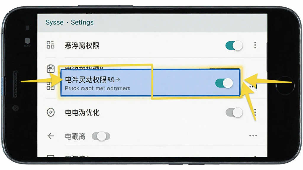 光氪灵动安卓手机权限设置界面示意图,画面展示一部安卓手机的系统设置页面,页面中高亮显示悬浮窗权限开关和电池优化选项,手机屏幕旁边有箭头指向这两个设置项,整体布局为手机正面视图,排版清晰,风格为简洁系统UI风格,细节包括设置列表、开关按钮、高亮标注框,画质高清,画面干净,无多余元素