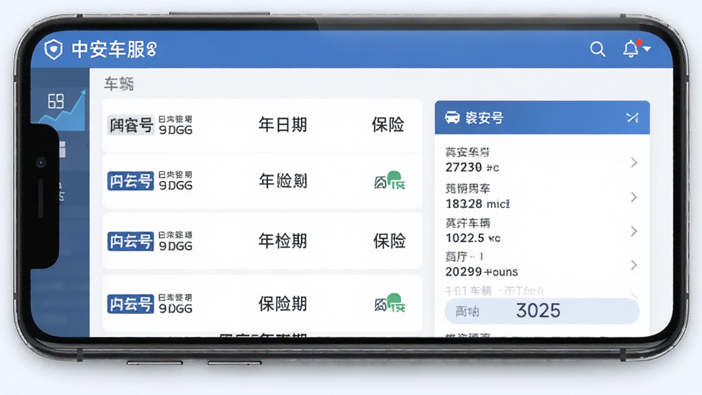 中安车服企业车辆档案管理界面,画面主体为手机屏幕显示车辆列表与详情卡片,布局为上下结构,排版整齐,风格为简约商务风,细节包含车牌号、年检日期、保险图标,画质高清,干净,无多余元素