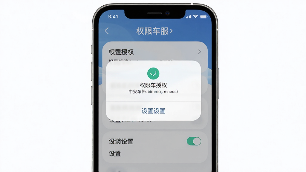 中安车服企业新手安装设置界面,画面主体为手机屏幕展示权限授权弹窗与设置选项,布局为居中弹窗样式,排版清晰,风格为柔和圆角风,细节包含权限开关与提示文字,画质高清,干净,无多余元素
