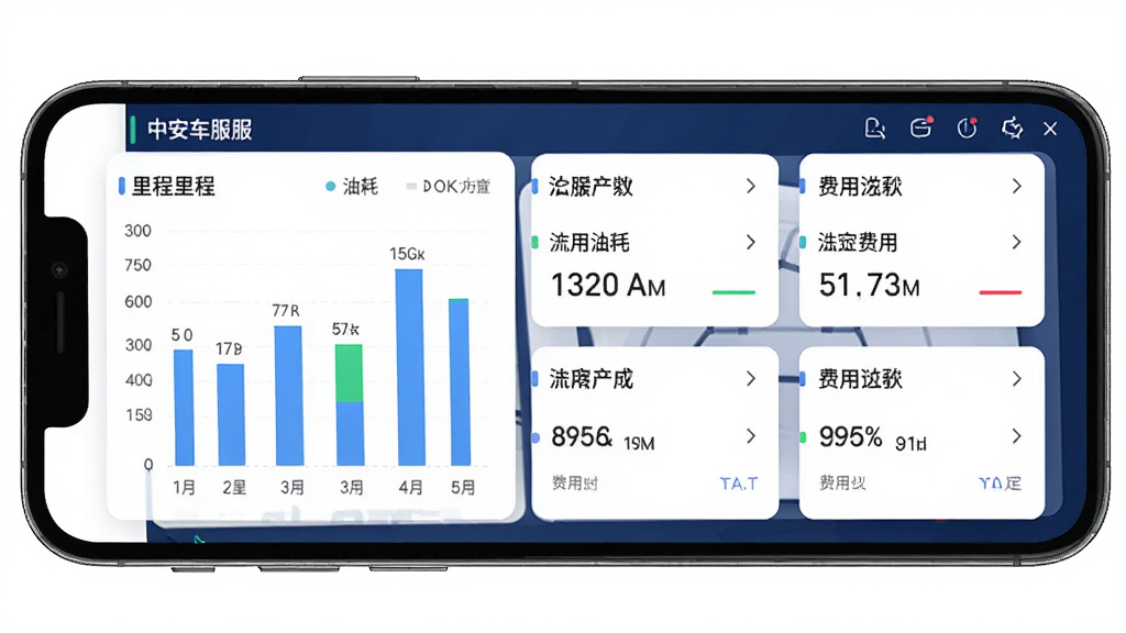 中安车服企业数据统计报表界面,画面主体为手机屏幕呈现柱状图与费用汇总卡片,布局为上下分区,排版规整,风格为现代科技风,细节包含里程、油耗、费用等数字标签,画质高清,干净,无多余元素