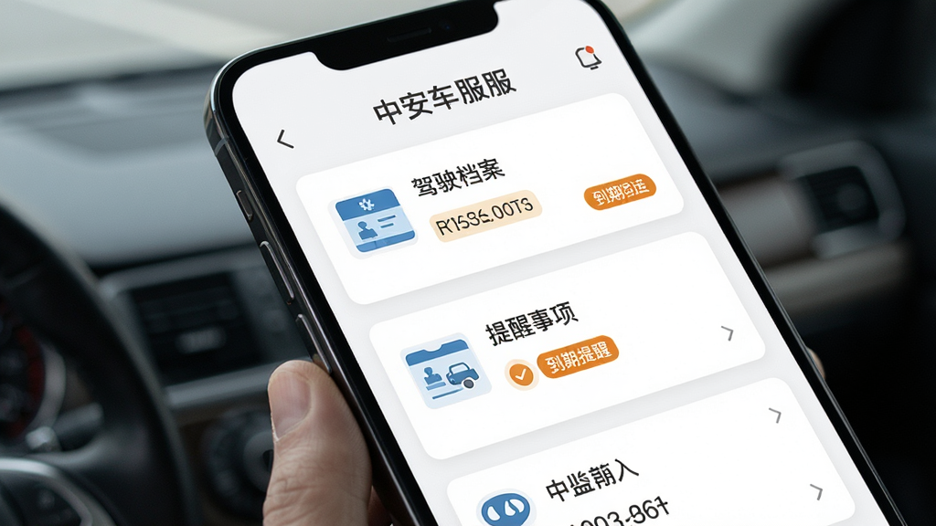 中安车服企业驾驶员管理界面,画面主体为手机屏幕显示驾驶员档案与提醒事项,布局为卡片列表,排版简洁,风格为素雅极简风,细节包含驾驶证图标与到期提醒标签,画质高清,干净,无多余元素