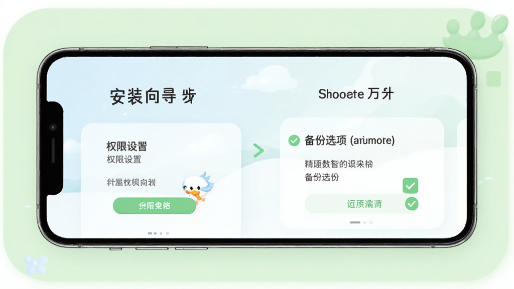 精卫数智新手操作指引示意图,画面展示手机屏幕中安装向导步骤,包含权限设置和备份选项的勾选界面,背景为浅绿色,风格友好亲切,细节清晰,画质干净,无多余元素