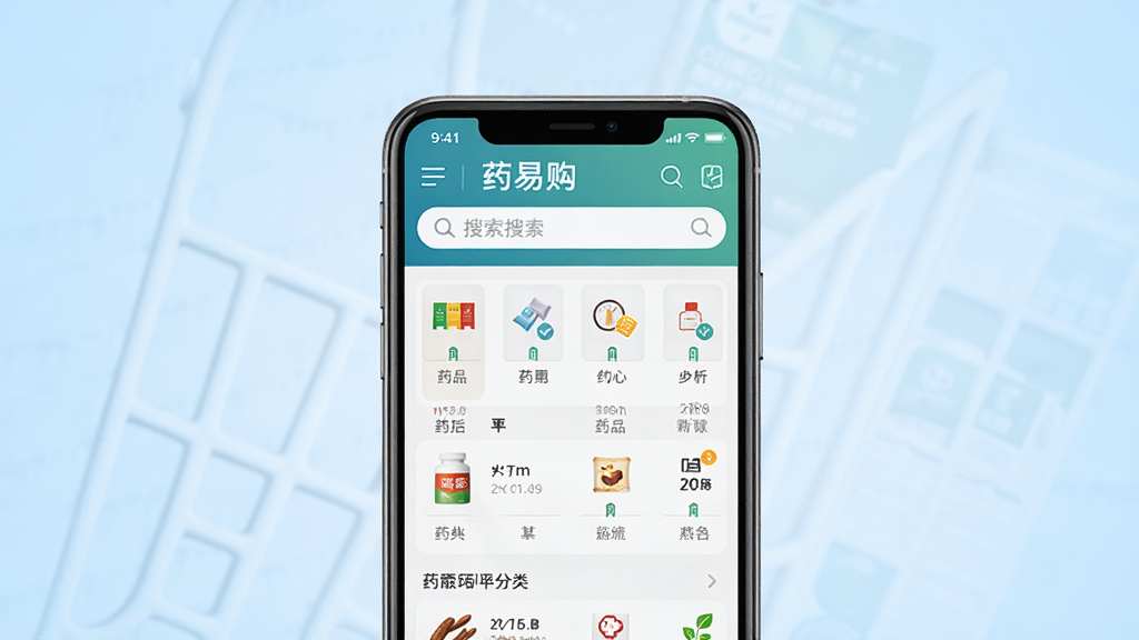 药易购移动端应用主界面展示,画面中央是一部智能手机,屏幕显示药品分类列表与搜索栏,背景为干净的浅蓝色渐变,风格简洁商务,细节清晰,画质高清,干净无多余元素