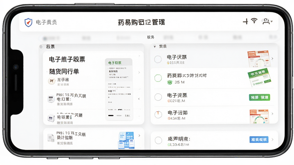 药易购资质与票据管理界面,手机屏幕显示电子发票与随货同行单列表,背景为白色,风格专业简洁,细节清晰,画质高清,无多余装饰