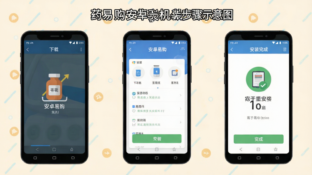 药易购安卓手机安装步骤示意图,画面展示手机屏幕从下载到安装完成的三个连续界面,背景为浅色,风格扁平化,细节清晰,画质干净,无多余文字