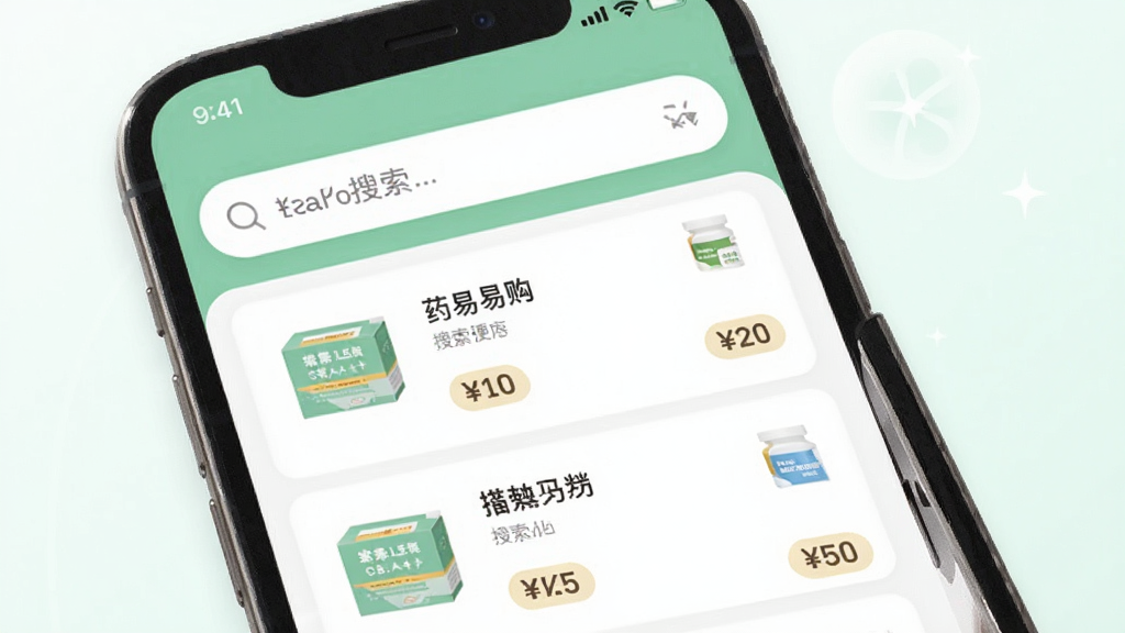 药易购应用内药品搜索界面,手机屏幕显示搜索框与药品列表,列表包含药盒图标与价格标签,背景为白色与浅绿色搭配,风格清新明快,布局整齐,画质清晰,无杂乱元素
