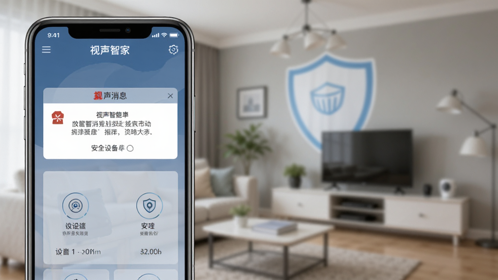 视声智家APP安防报警界面,手机屏幕显示报警消息推送与安防设备状态,背景为家庭安全防护场景,风格稳重,画质清晰,无多余元素