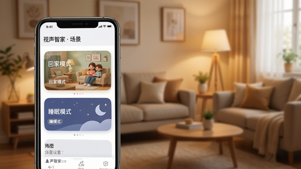 视声智家APP场景设置界面,手机屏幕展示场景卡片如回家模式、睡眠模式,背景为温馨家居氛围,风格柔和,画质清晰,无多余元素