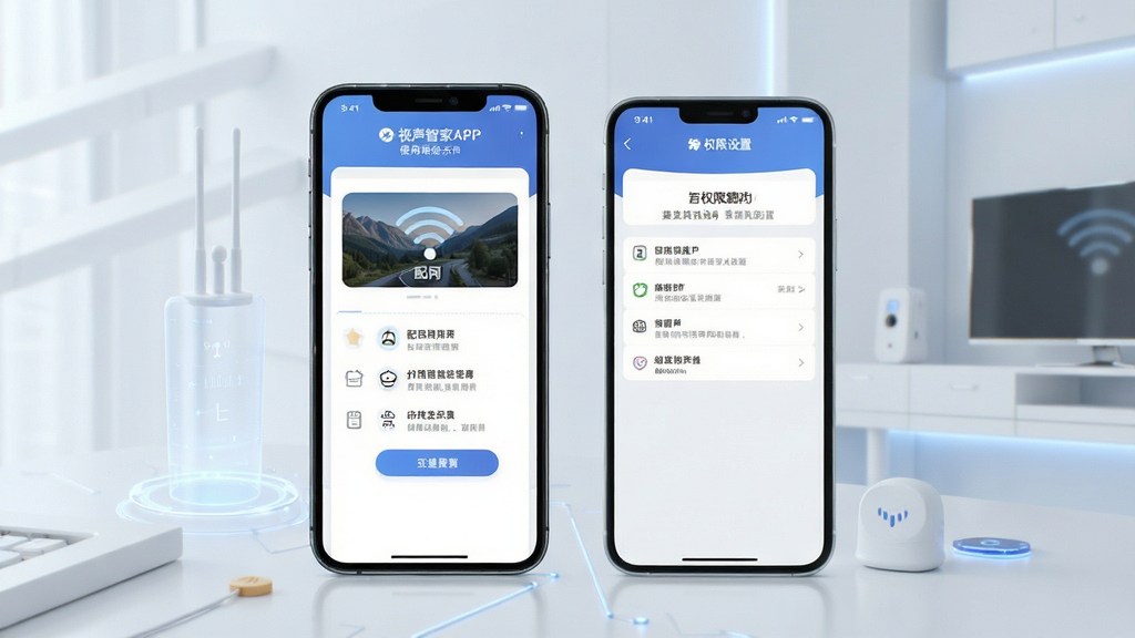视声智家APP使用教程示意图,手机屏幕展示配网步骤与权限设置界面,背景为简洁科技风格,画质清晰,干净无多余元素