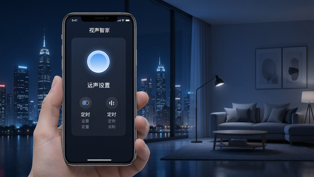 视声智家APP远程控制界面,手机屏幕显示远程控制开关与定时设置,背景为城市夜景与家居轮廓,风格科技感,画质清晰,干净无多余元素