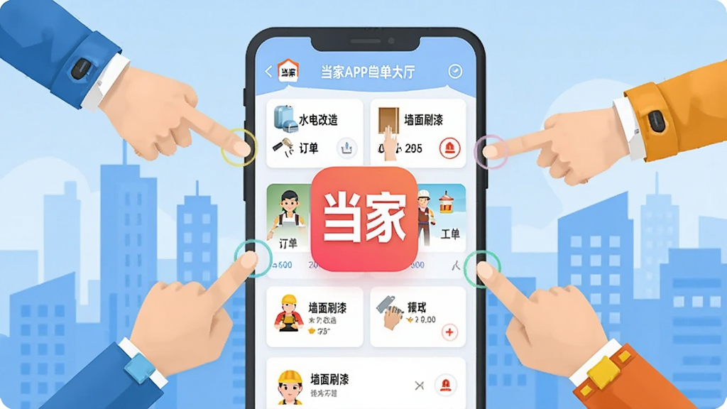 һ��չ�ֵ���APP������������Ĳ廭������������һ���ֻ���Ļ����Ļ����ʾ�Ų�ͬ���ֵĶ�����Ƭ����Ƭ���С�ˮ����족����ǽ��ˢ�ᡱ����������Ļ���м�ֻ��ְͬҵװ�������׼�������Ļ�������ǳ���¥���ļ�Ӱ������ƽ����ɫ�����죬���ʸɾ����ص�ͻ�������ҡ�APP��ͼ��