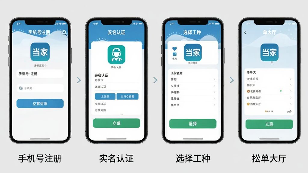 һ��չʾ����APP����ע�����̵Ĳ���ͼ�������Ϊ�ĸ��ֻ���Ļ���ֱ���ʾ���ֻ���ע�ᡱ����ʵ����֤������ѡ���֡����������������ĸ����棬ÿ����Ļ�·��ж�Ӧ�ļ������˵����������ǳ��ɫ�������ֱ�ۣ�����������ͻ�������ҡ�APP��ͼ��Ͳ�����ť