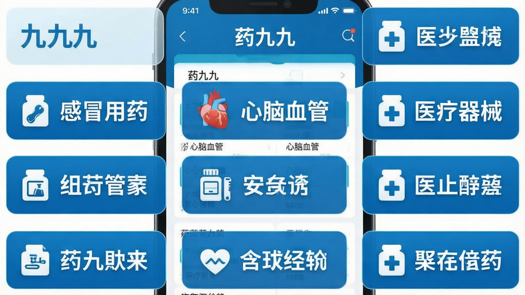 一幅展示药九九平台药品分类体系的AI生图,画面以药九九APP界面为背景,前景是整齐排列的药品分类标签,如“感冒用药”“心脑血管”“医疗器械”等文字标签,布局采用网格状排列,风格为清爽的医药蓝白配色,细节上每个标签配有对应的小图标,画质高清,干净整洁,无多余装饰元素