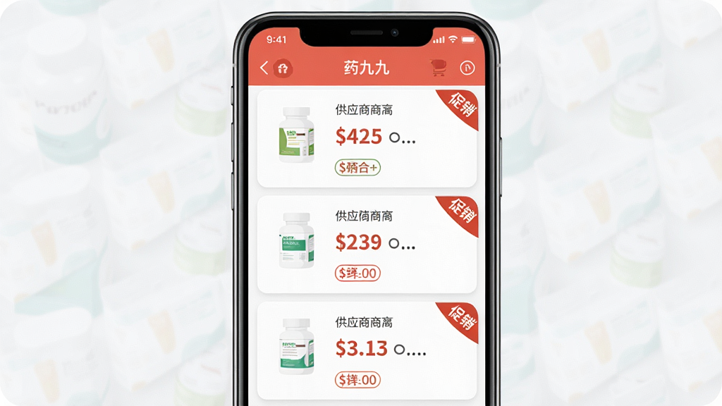 一张表现药九九APP比价与促销功能的场景图,画面主体是手机屏幕展示药九九商品列表页,每个药品旁边显示不同供应商的价格标签和“促销”角标,布局为上下滑动列表形式,风格为现代电商扁平风,细节上突出价格数字的对比效果与促销标签的视觉冲击力,画质清晰,干净无多余元素