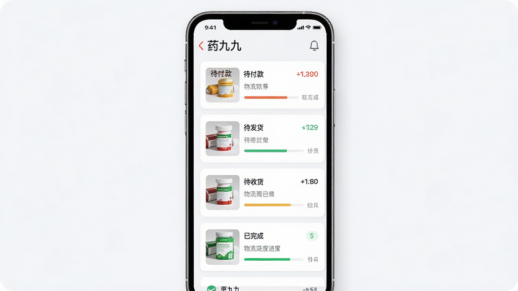 一幅展示药九九订单管理界面的AI生图,画面以手机屏幕为中心,屏幕内显示订单列表,包含“待付款”“待发货”“待收货”“已完成”等状态标签,布局为清晰的卡片式列表,风格为简约商务风,细节上每个订单卡片配有药品缩略图和物流进度条,画质高清,干净无多余元素