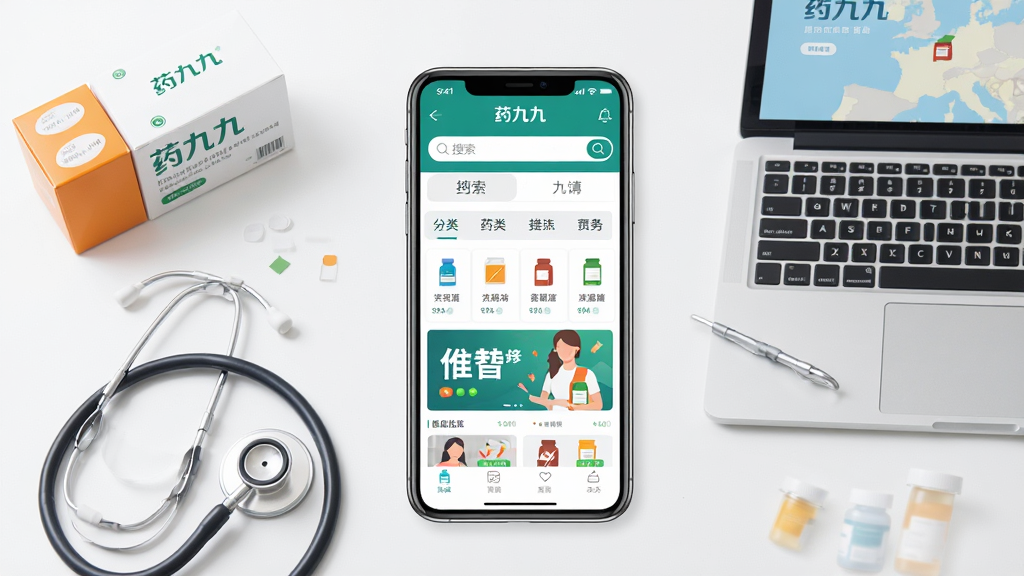 一张展示药九九移动应用主界面的场景图,画面中央是一部智能手机,屏幕显示药九九APP首页,包含药品搜索框、分类导航和促销banner,手机周围环绕着药盒、听诊器、笔记本电脑等医药商业元素,布局简洁明了,排版居中对称,风格为现代扁平化商务风,细节上突出药九九品牌标识与药品分类图标,画质清晰,干净无多余元素
