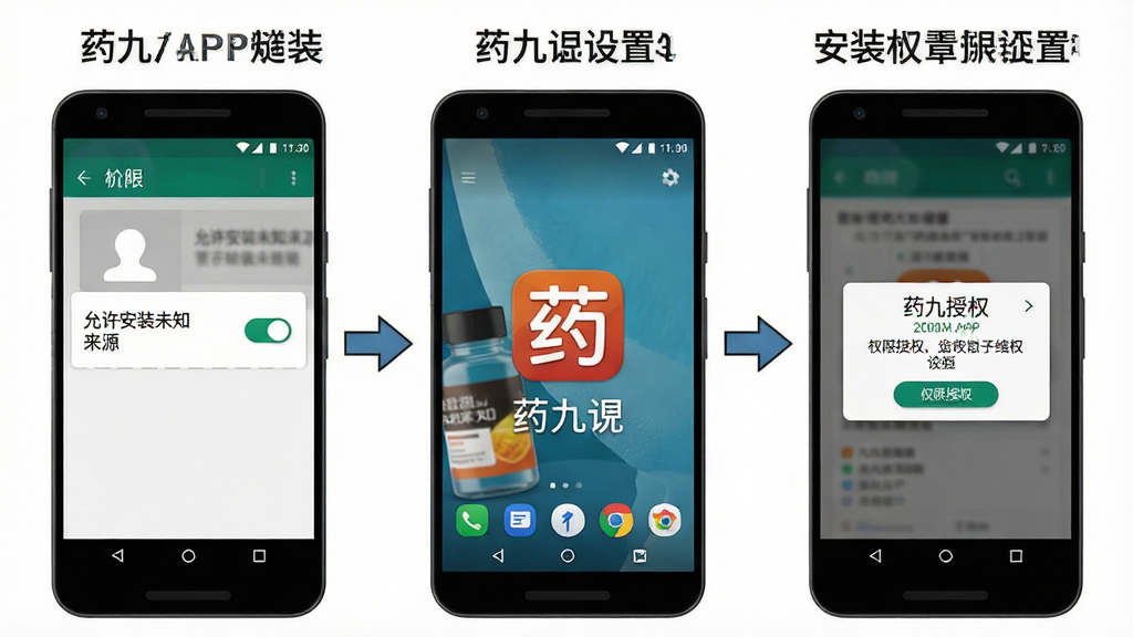一张展示药九九APP在安卓手机上安装与权限设置流程的示意图,画面分为三个步骤,第一步显示“允许安装未知来源”开关,第二步显示药九九APP图标出现在桌面,第三步显示权限授权弹窗,布局为横向三格分镜,风格为简洁明了的教程图解风,细节上每个步骤配有箭头指引和简短文字说明,画质清晰,干净无多余元素