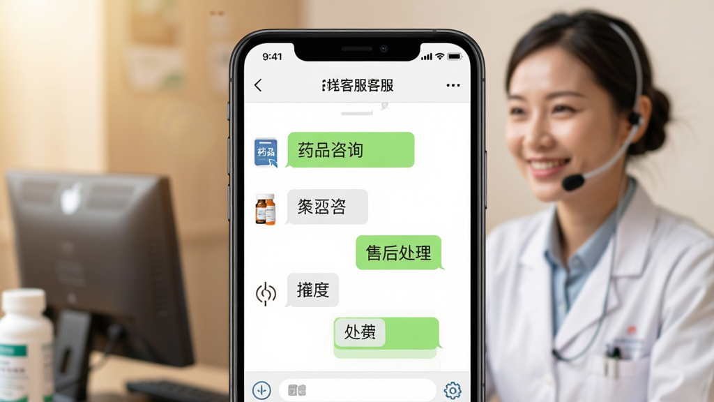 一张展示药九九客服服务场景的AI生图,画面主体是手机屏幕显示在线客服聊天界面,对话气泡中包含“药品咨询”“售后处理”等文字,布局为聊天窗口居中,背景有客服人员微笑服务的虚化形象,风格为温暖亲切的商务服务风,细节上突出对话的流畅感与专业感,画质清晰,干净无多余元素