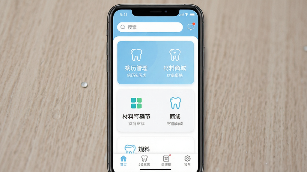 一张展示牙e在线软件主界面的手机屏幕预览图,画面中央是一部竖屏智能手机,屏幕内呈现牙e在线APP的首页布局,顶部有搜索栏和消息图标,中部是病历管理与材料商城两个大功能入口卡片,底部为导航菜单栏,界面配色以白色和浅蓝色为主,风格简洁专业,细节清晰,画质干净,无多余元素